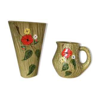 Vase and jug decorated with flowers earthenware Bresse 60s