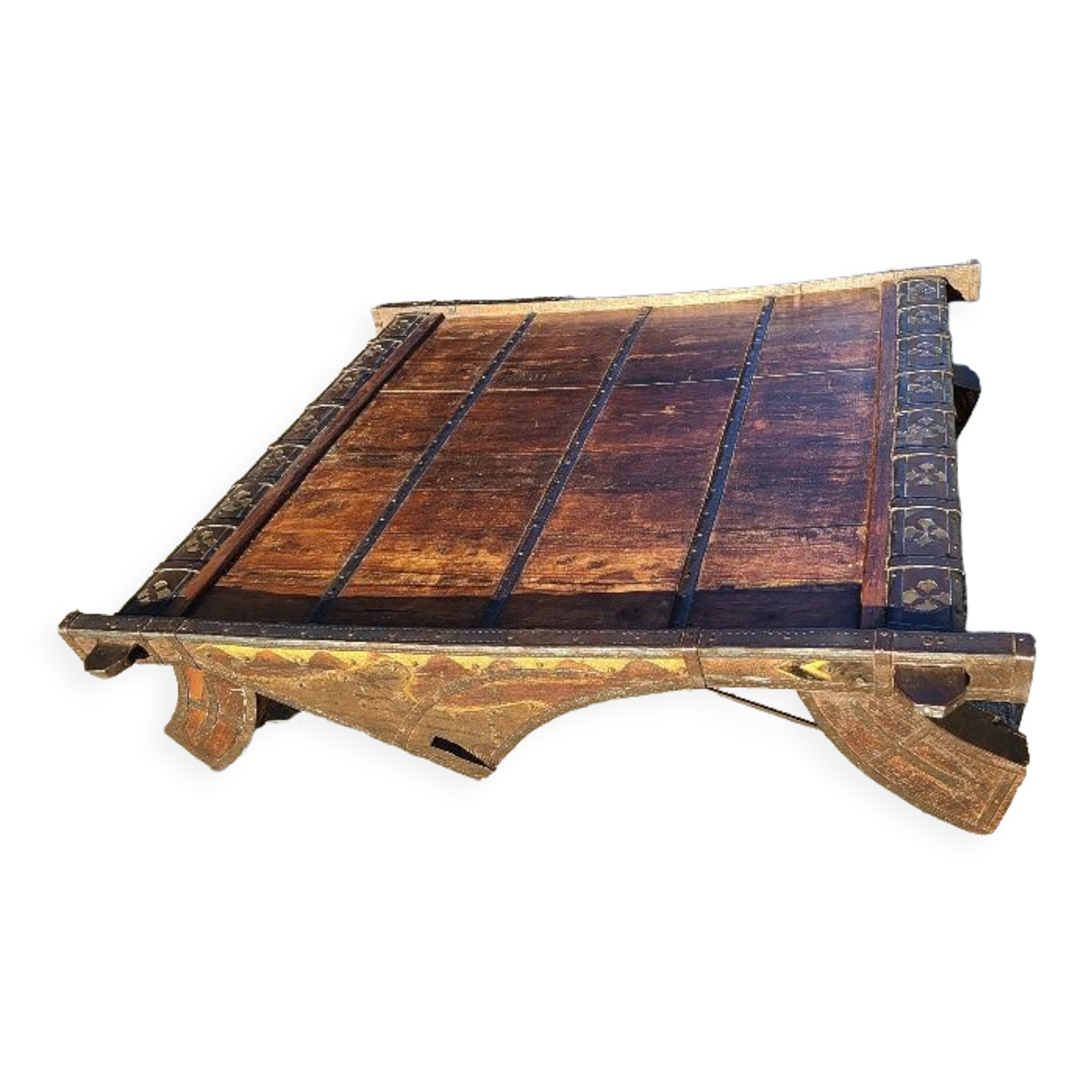 Coffee table elephant saddle in metal and copper wood