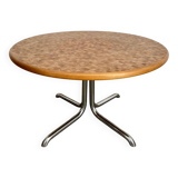 Old inlaid wood table designed by Dieter Waeckerlin Idealheim from the 70s with metal foot