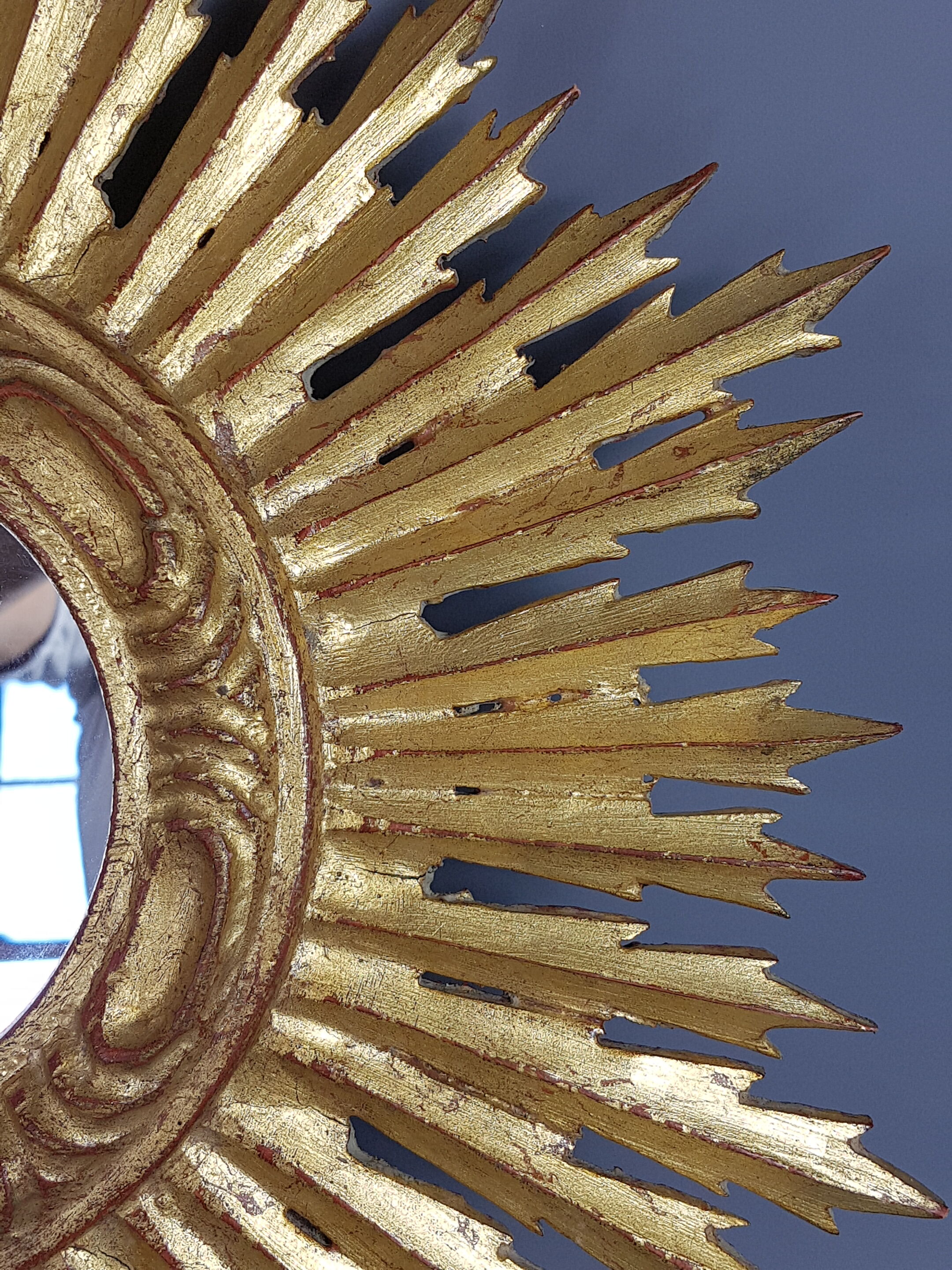 Sun mirror gilded with gold leaf Vintage 50s 42cm
