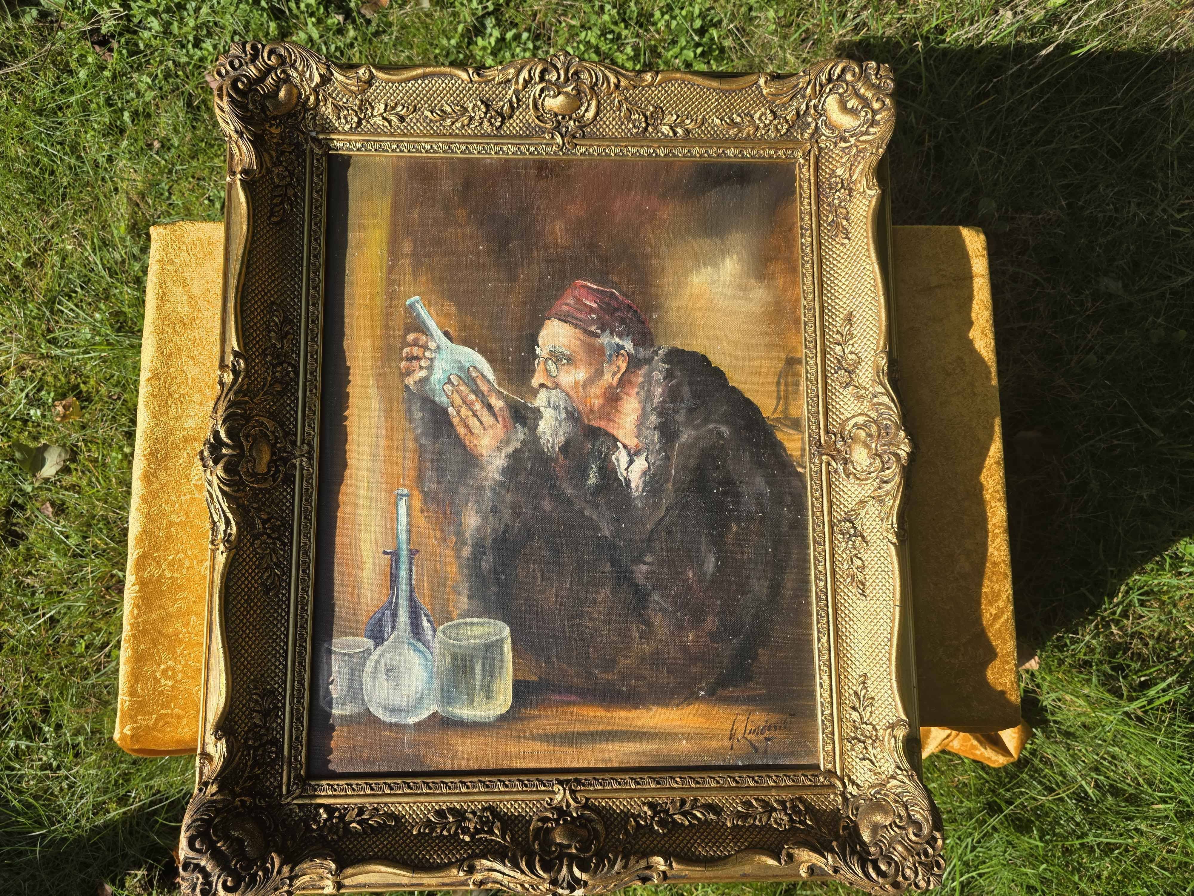 Vintage Mid-Century Alchemist Oil Painting