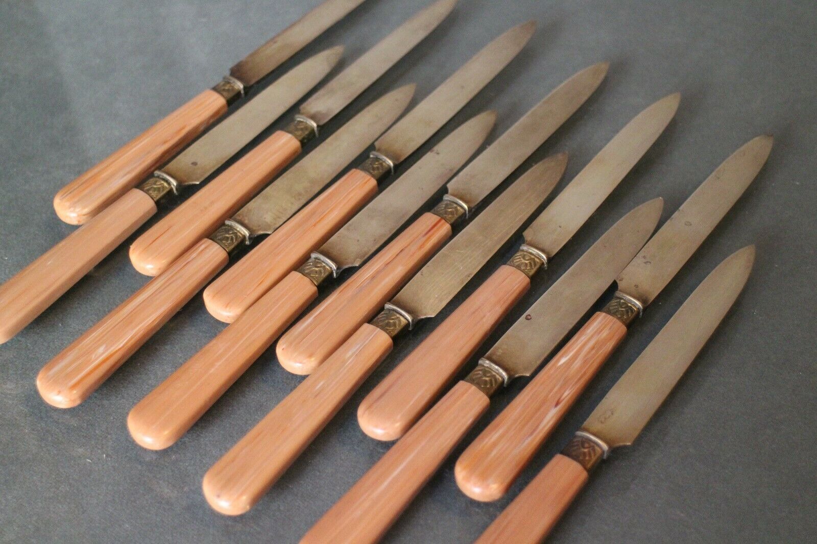Suite of 12 dessert knives in gold metal blades