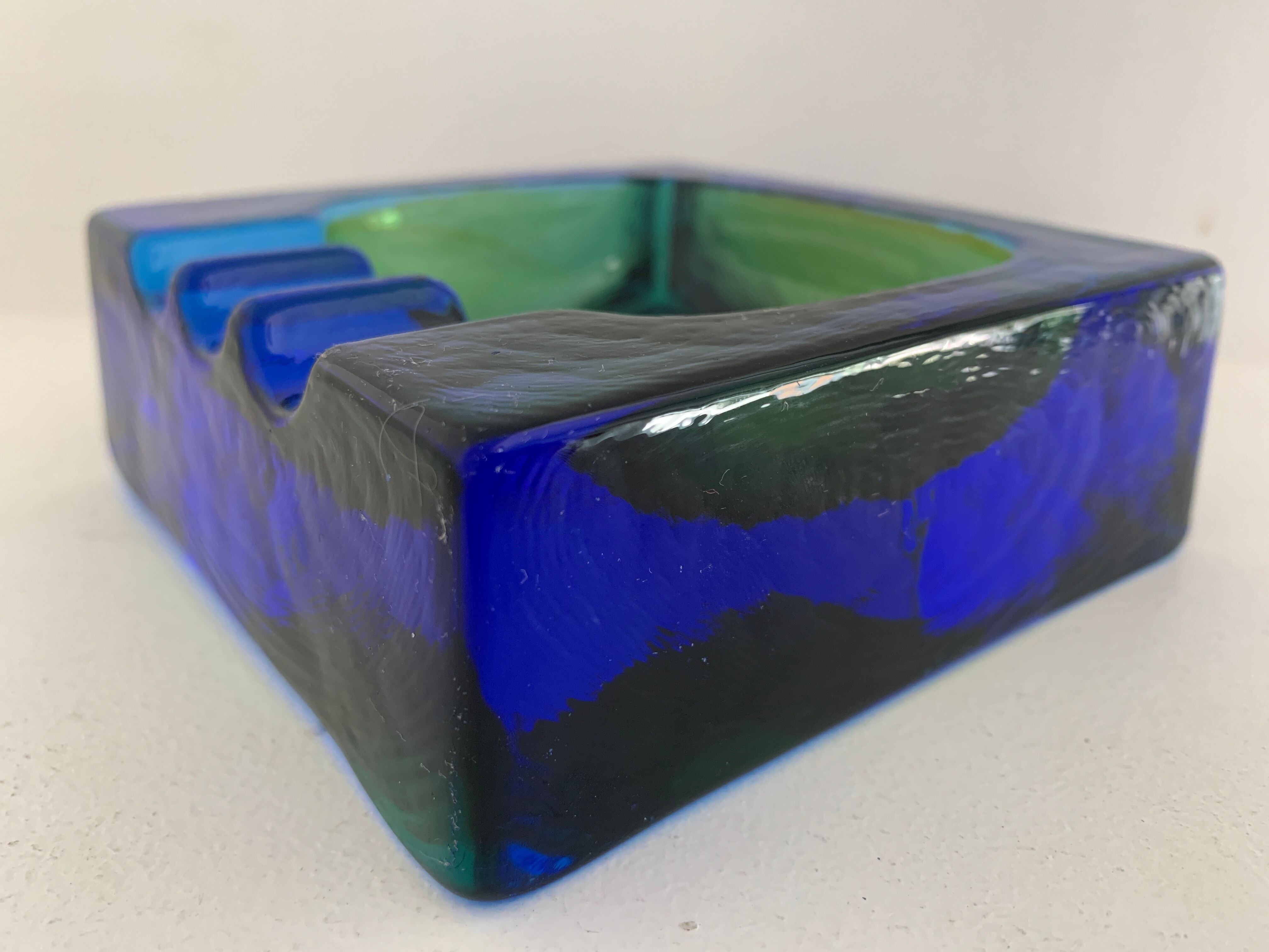 Square blue glass ashtray