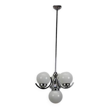 Lustre 4 feux Art Déco en métal chromé et verre, Tchécoslovaquie 1930