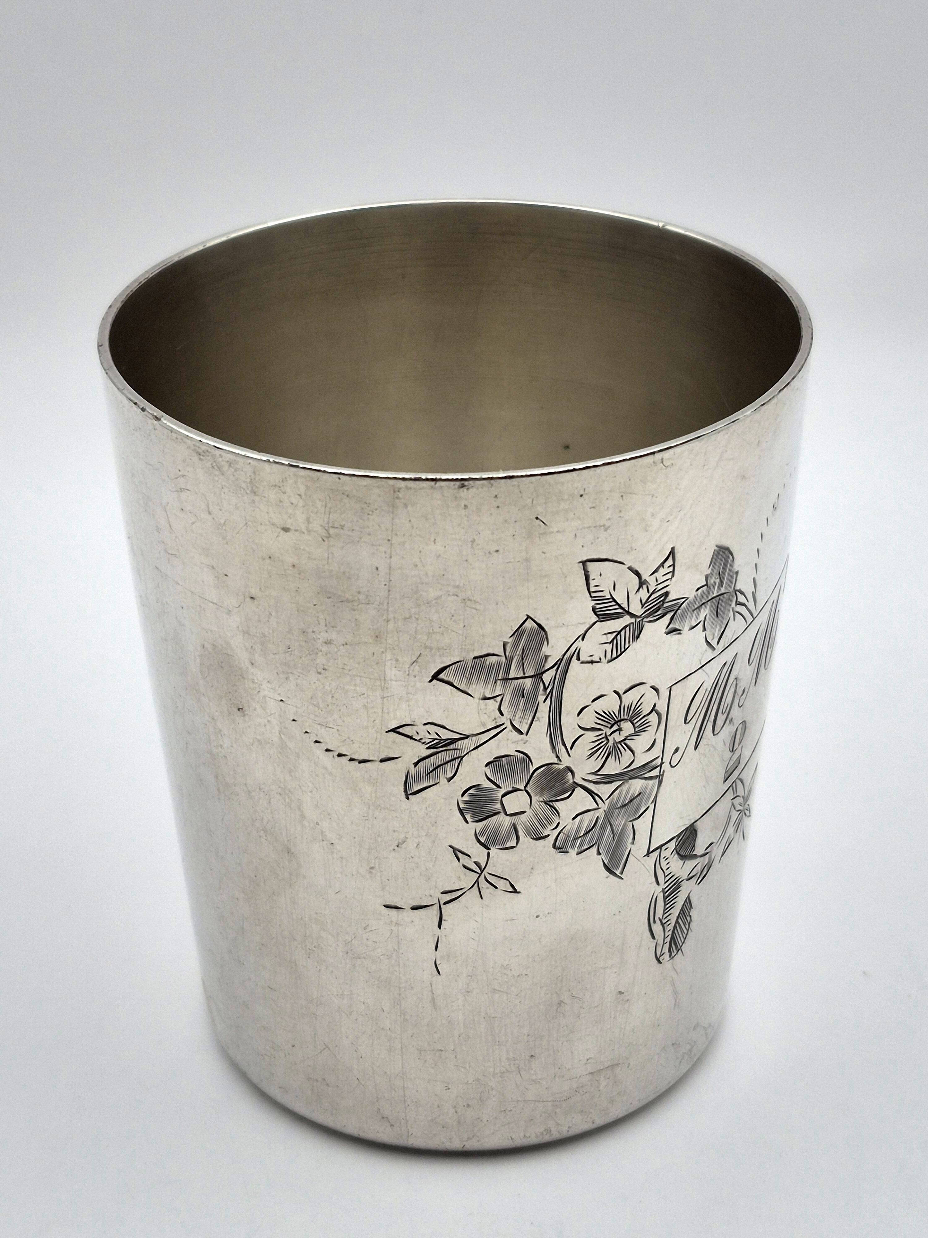 Ercuis silver-plated timbale, engraved floral decoration and monogram m.m – a23