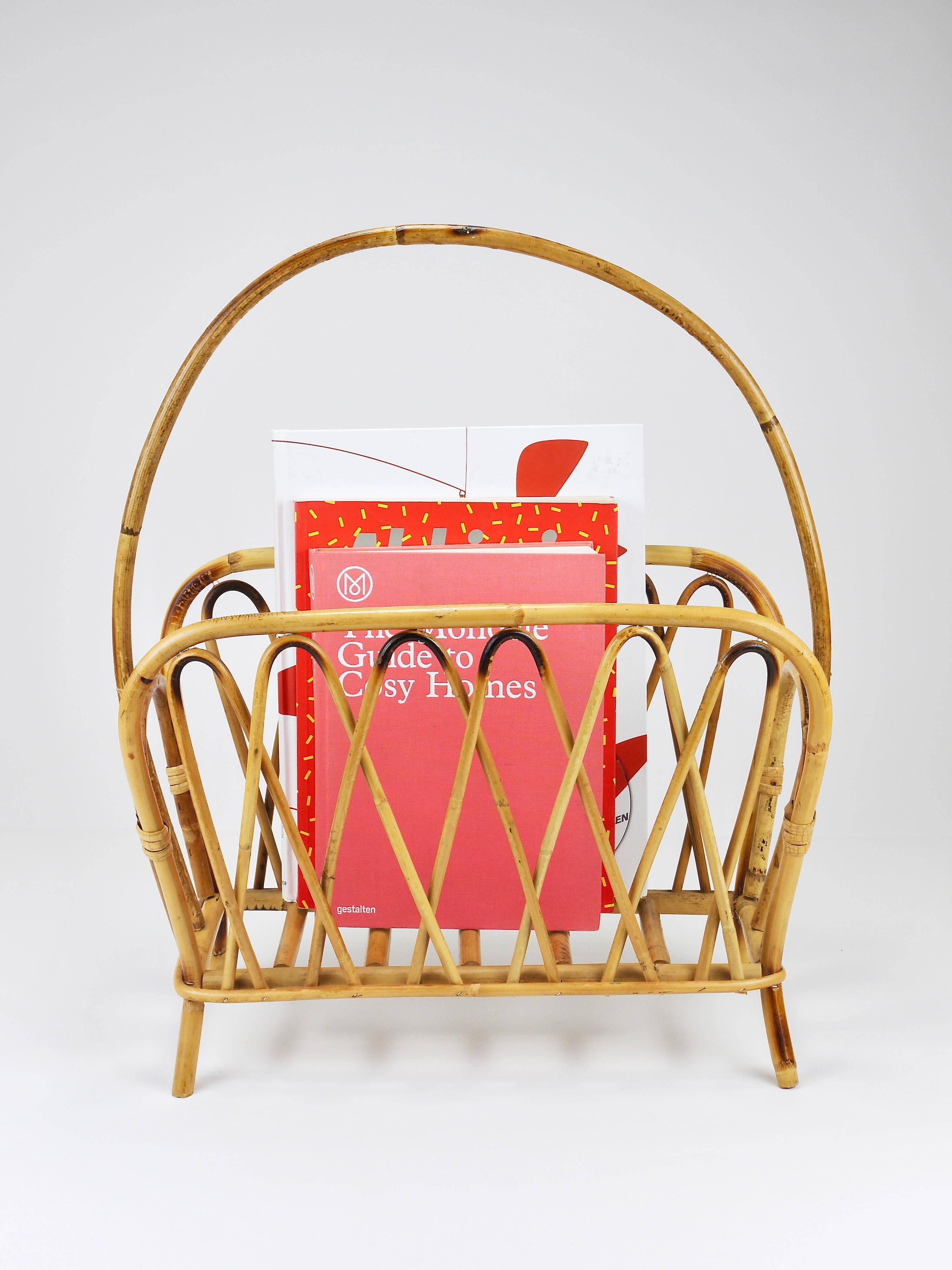 Bamboo and rattan magazine rack in the style of Franco Albini, Italy, 1970s.