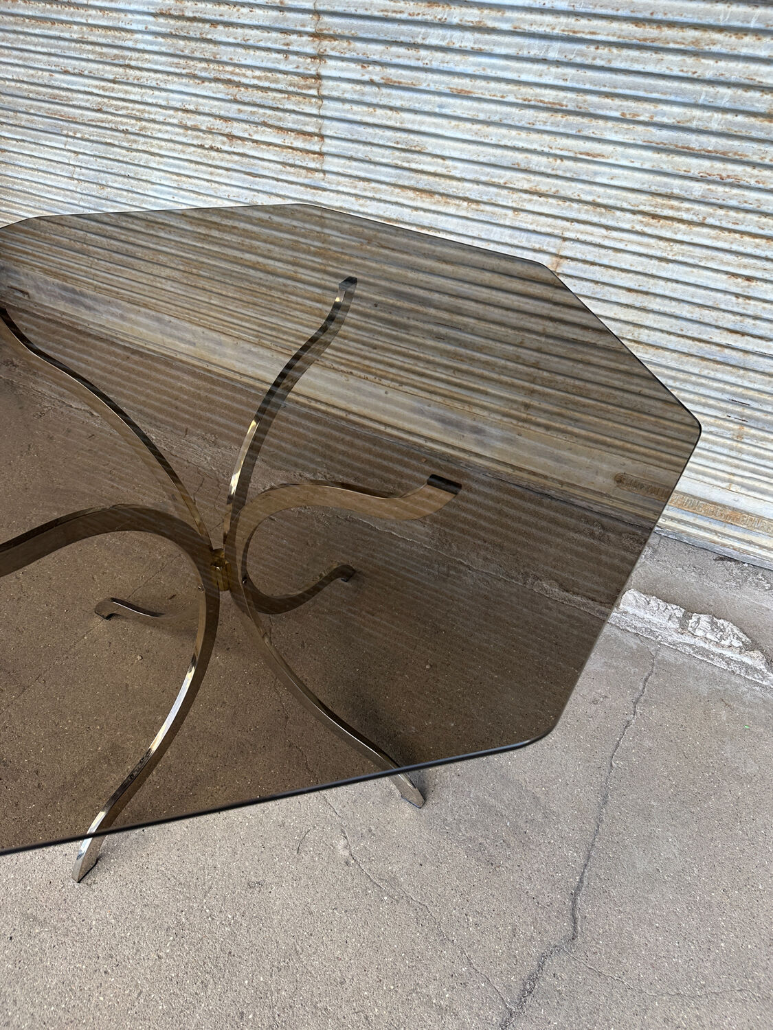 1970s table – chrome, brass, and smoked glass