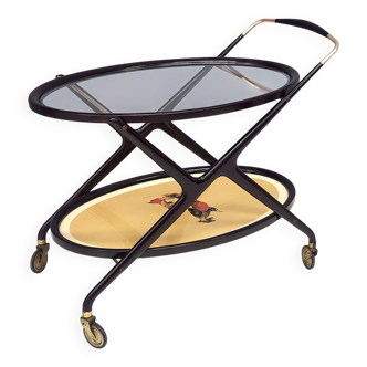 Ebonized Beech Serving Cart with Oriental Print, Italy