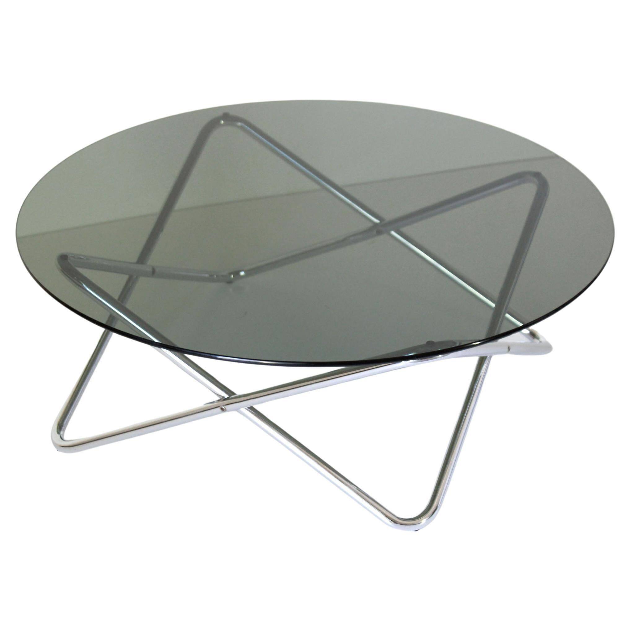 1970s vintage smoked glass and chromed round coffee table
