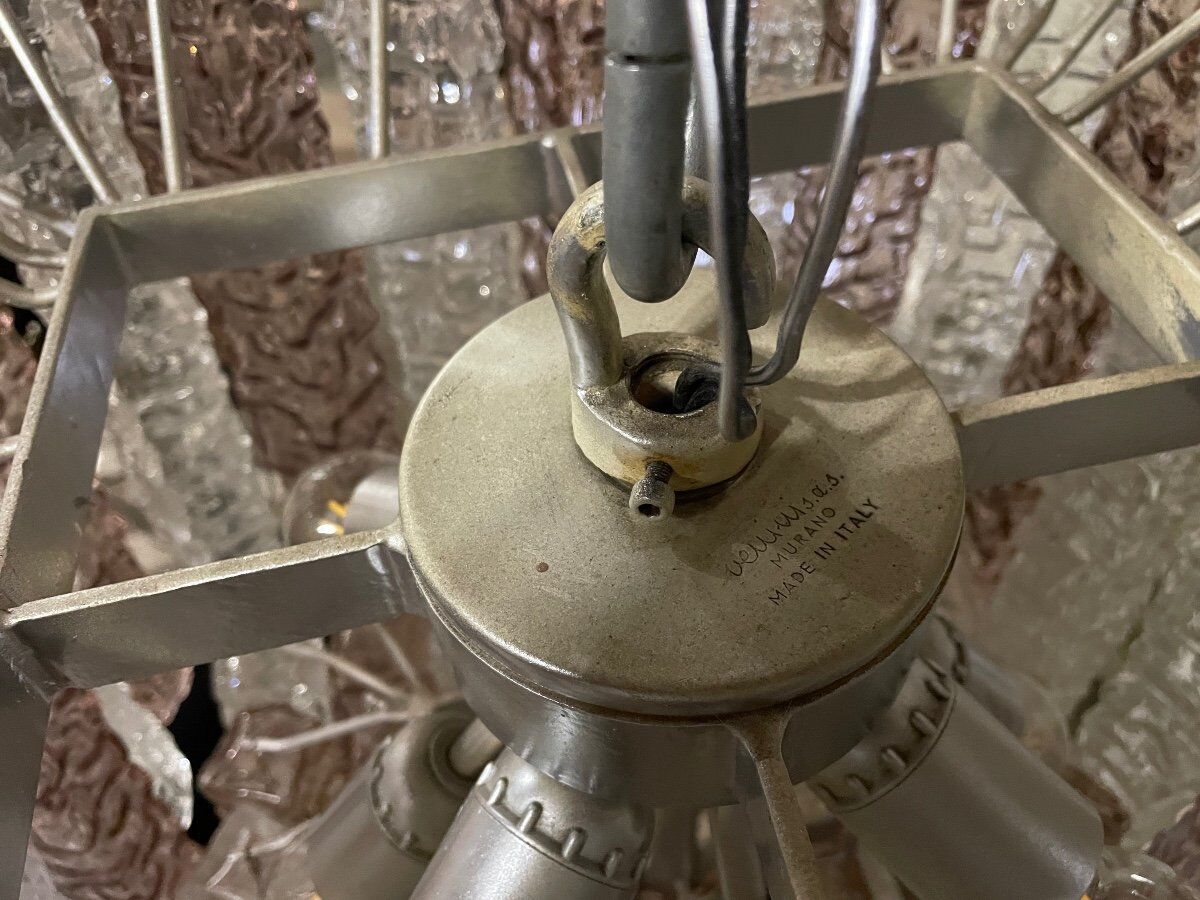 Venetian chandelier in pink and colorless Murano glass, Venini circa 1950