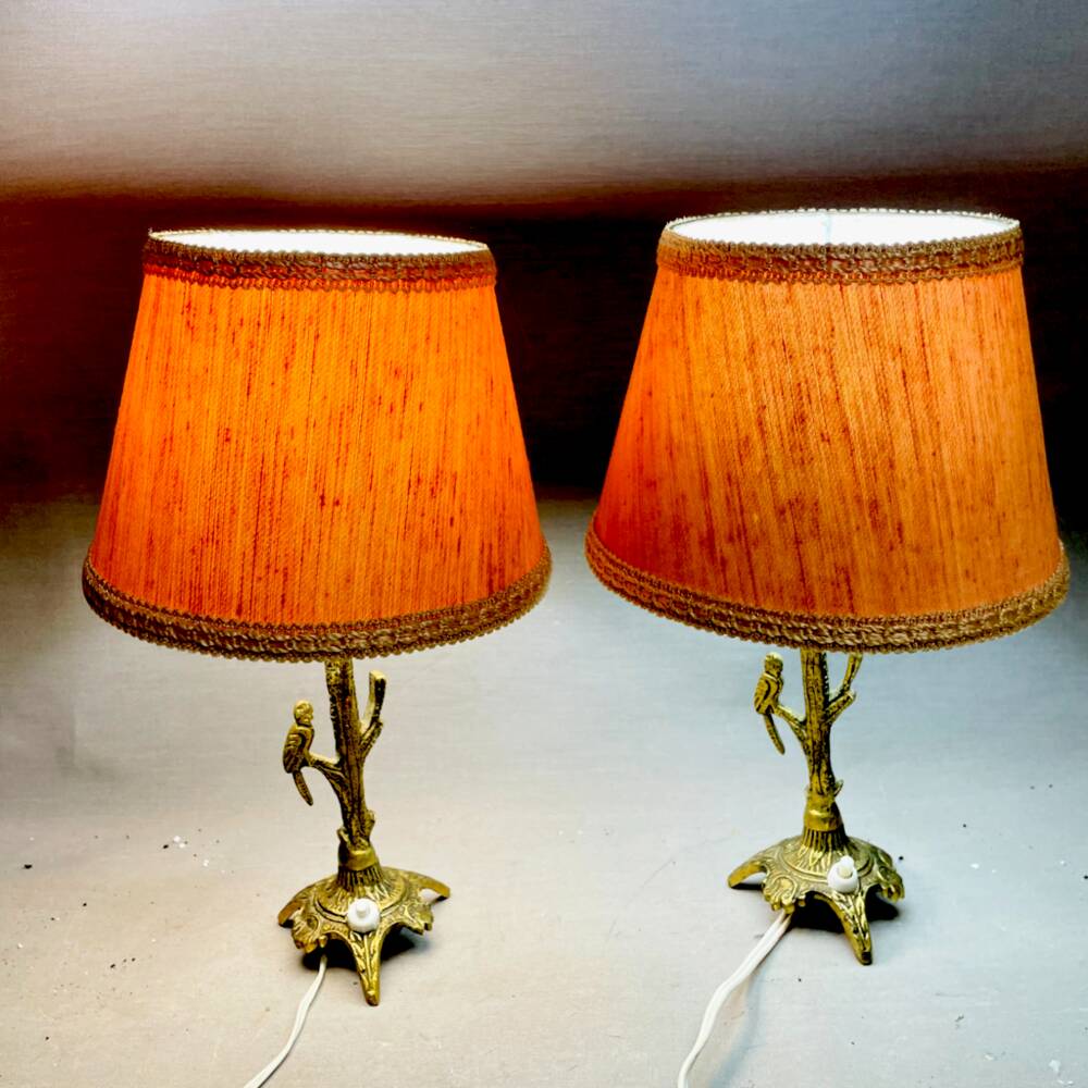 Pair rustic brass bird table lamps with pink lampshades