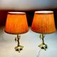 Pair rustic brass bird table lamps with pink lampshades
