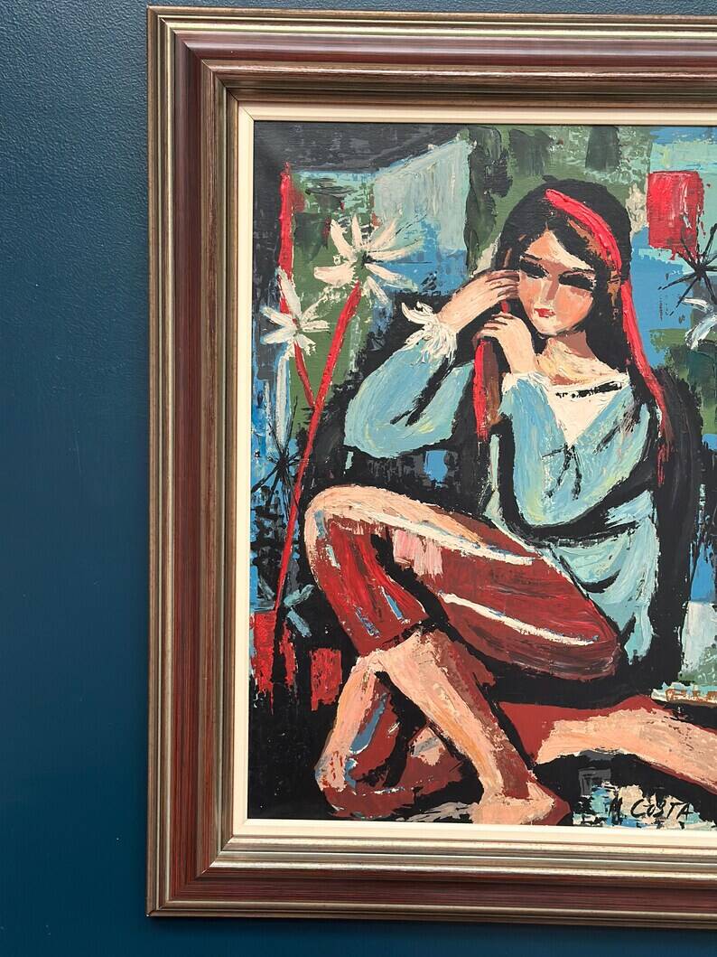 Original Swedish Oil on Canvas - "Portrait of a Young Woman" by M. Costa - Signed - Vintage and Framed - 82.5 × 67.3 cm