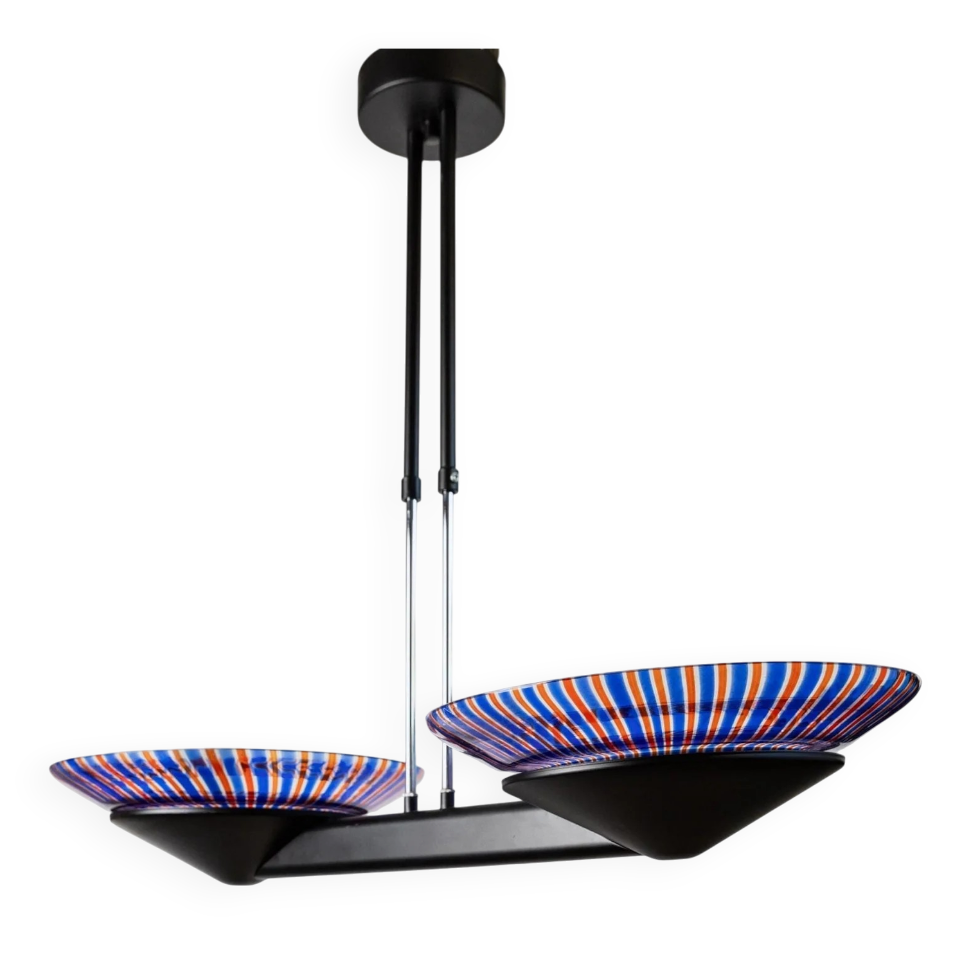XXL vintage Murano glass chandelier - blue and red striped glass, black metal - Italy, Memphis style, 1980s