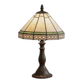 Tiffany-style stained glass lamp in green and amber white with vintage inspiration.