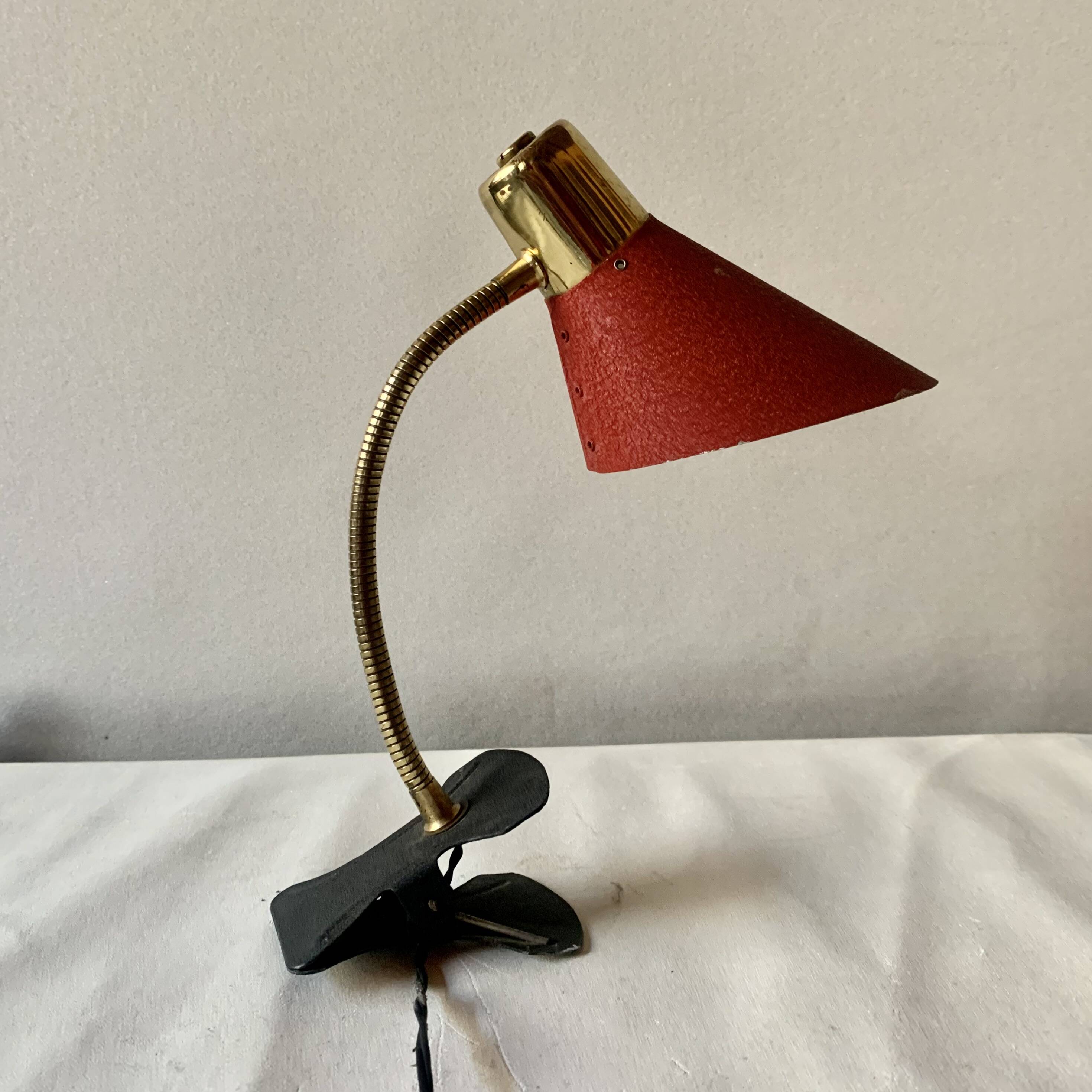 Brass and red painted metal clamp desk lamp - 1950s
