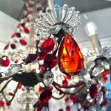 Antique chandelier with red crystal pendants, 9 lights.