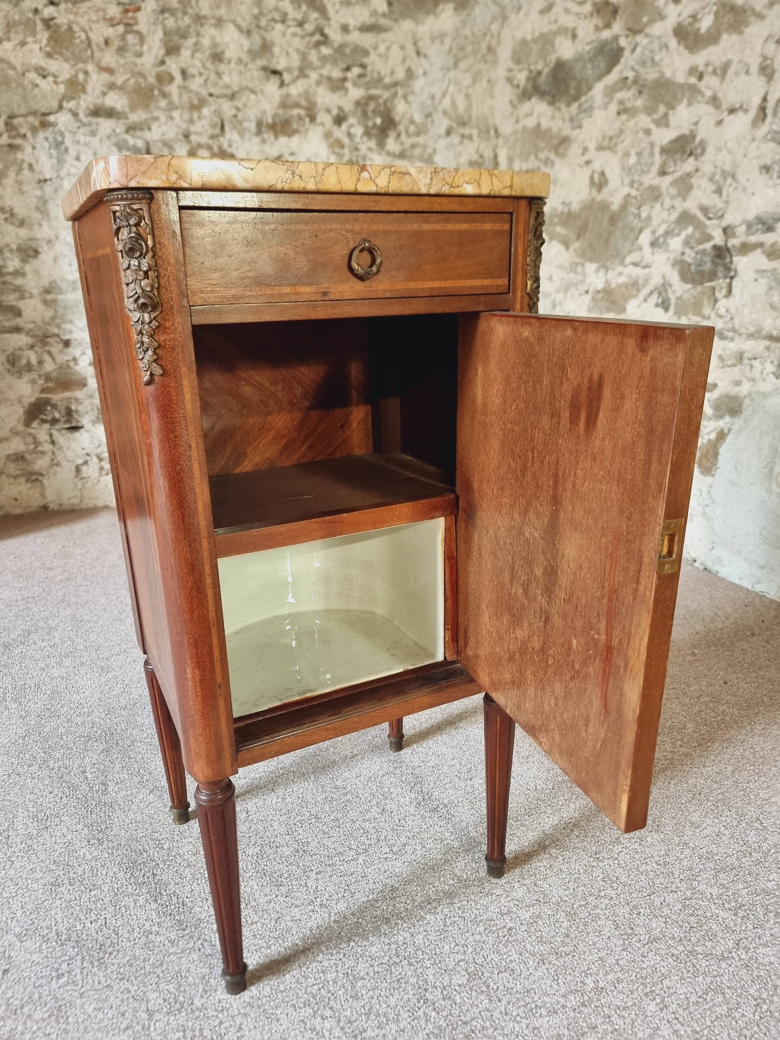 Antique French mahogany and walnut bedside table with marble top