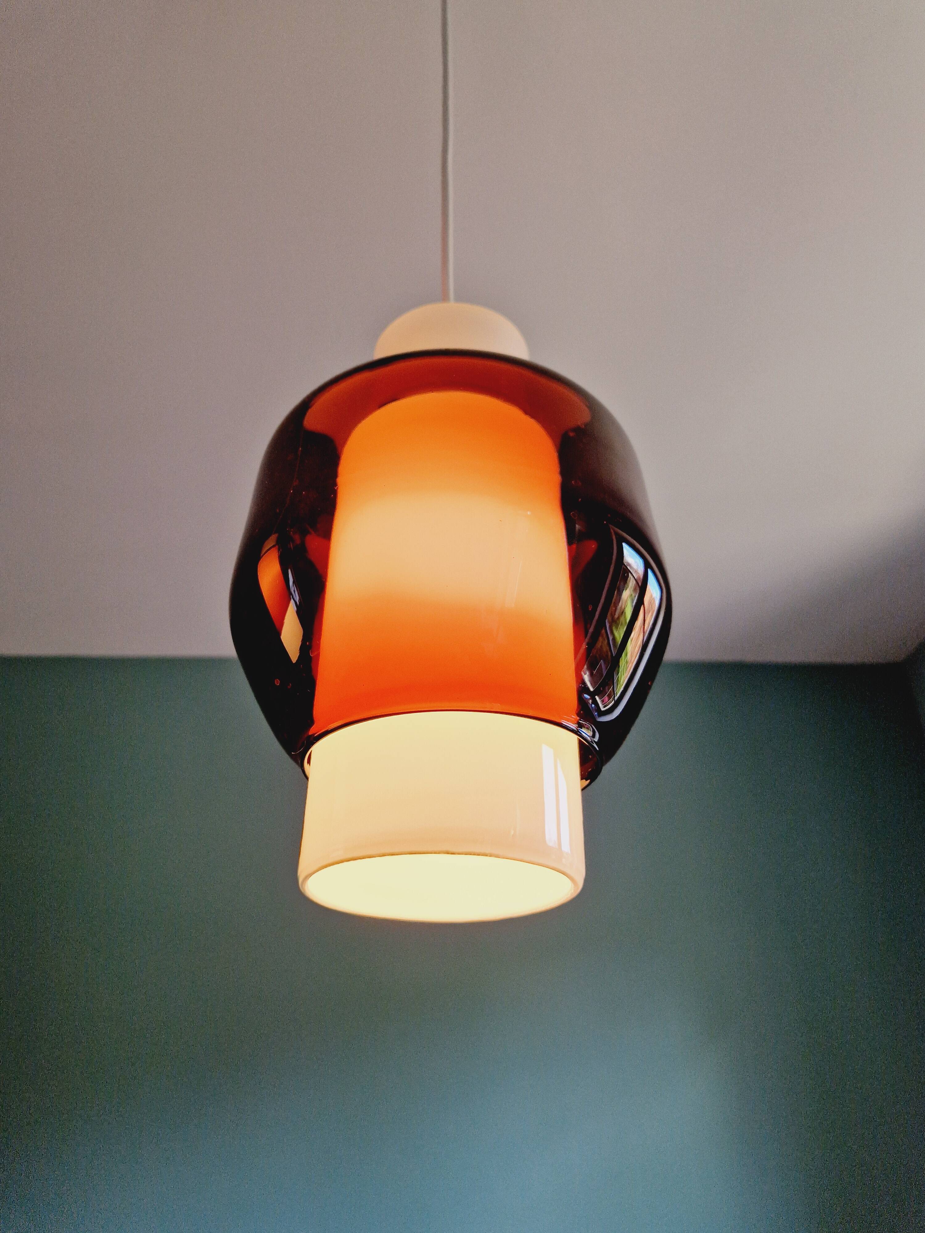 Scandinavian double pendant light in white opaline and amethyst glass, 1960s
