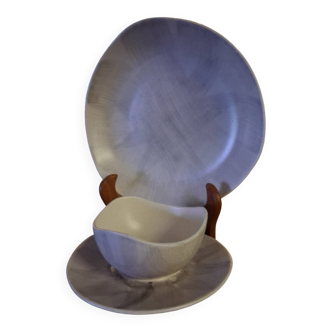 Grey earthenware platter and sauce boat, MBFA signature from Pornic