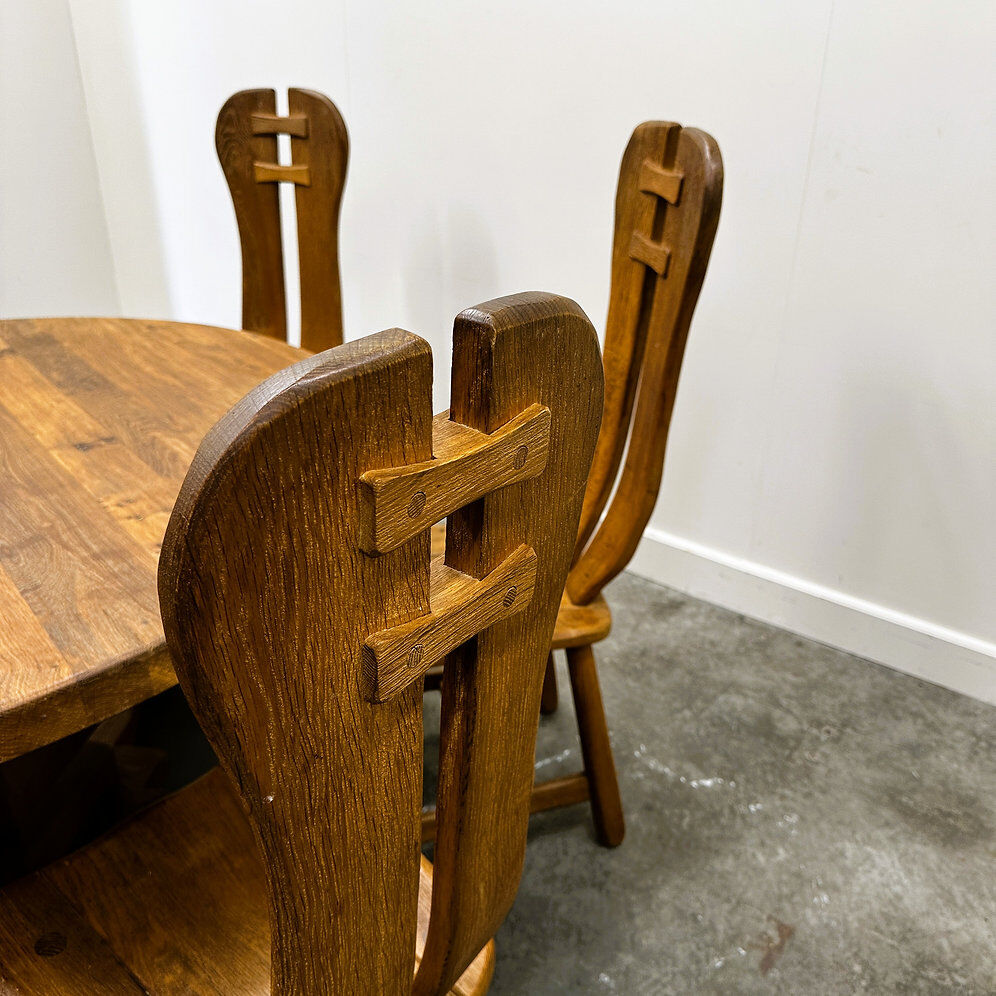 Rare majestic Depuydt brutalist oak dining set/chairs/table– Belgium, 1970s