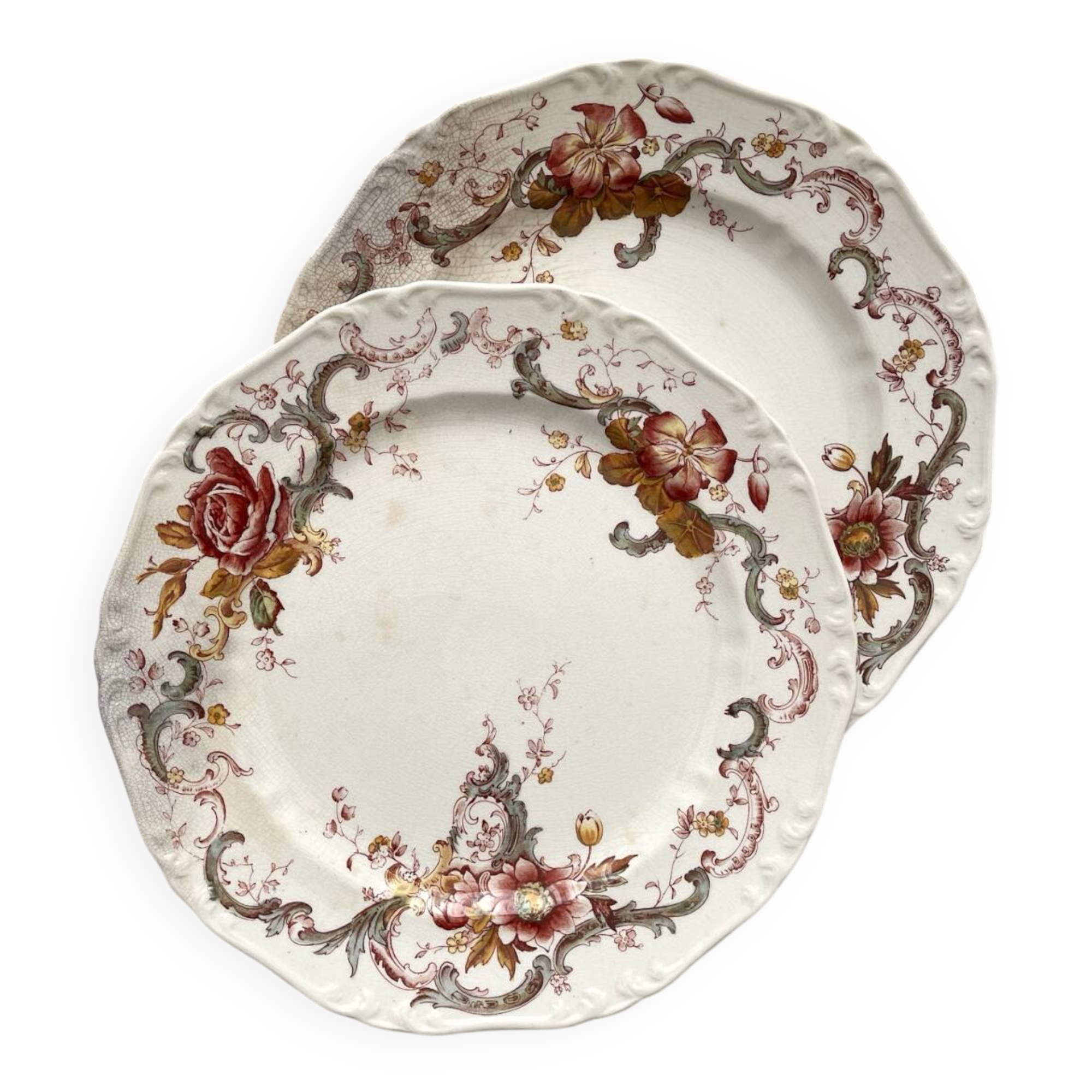 2 polychrome ironstone dinner plates "Wentworth" by Emile Bourgeois