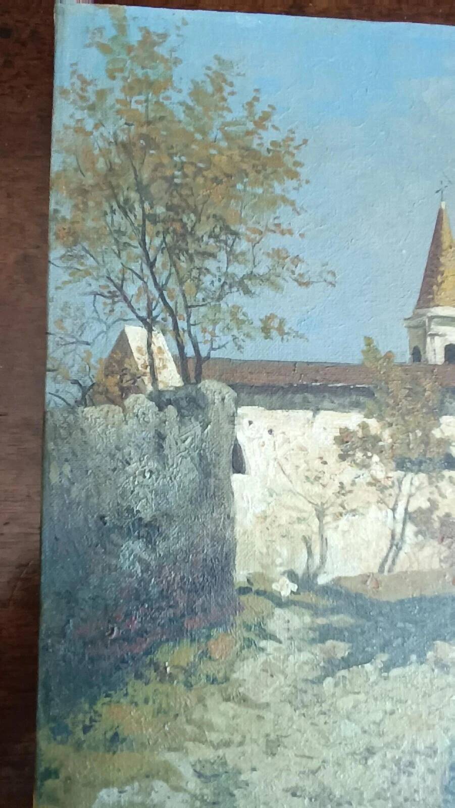 Oil painting on canvas depicting a glimpse of a church - 20th century
