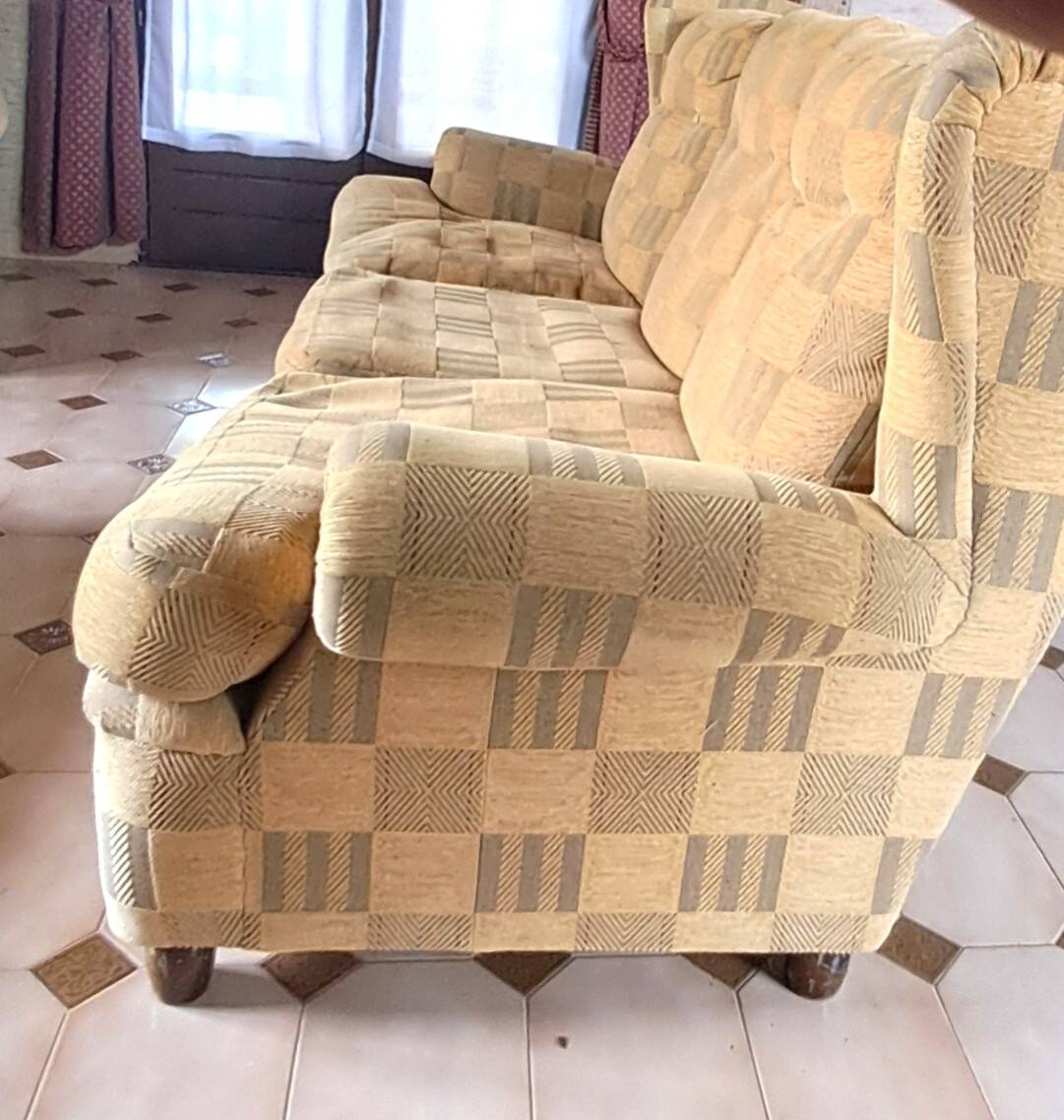 1940s club style 3-seater sofa in checked velvet fabric