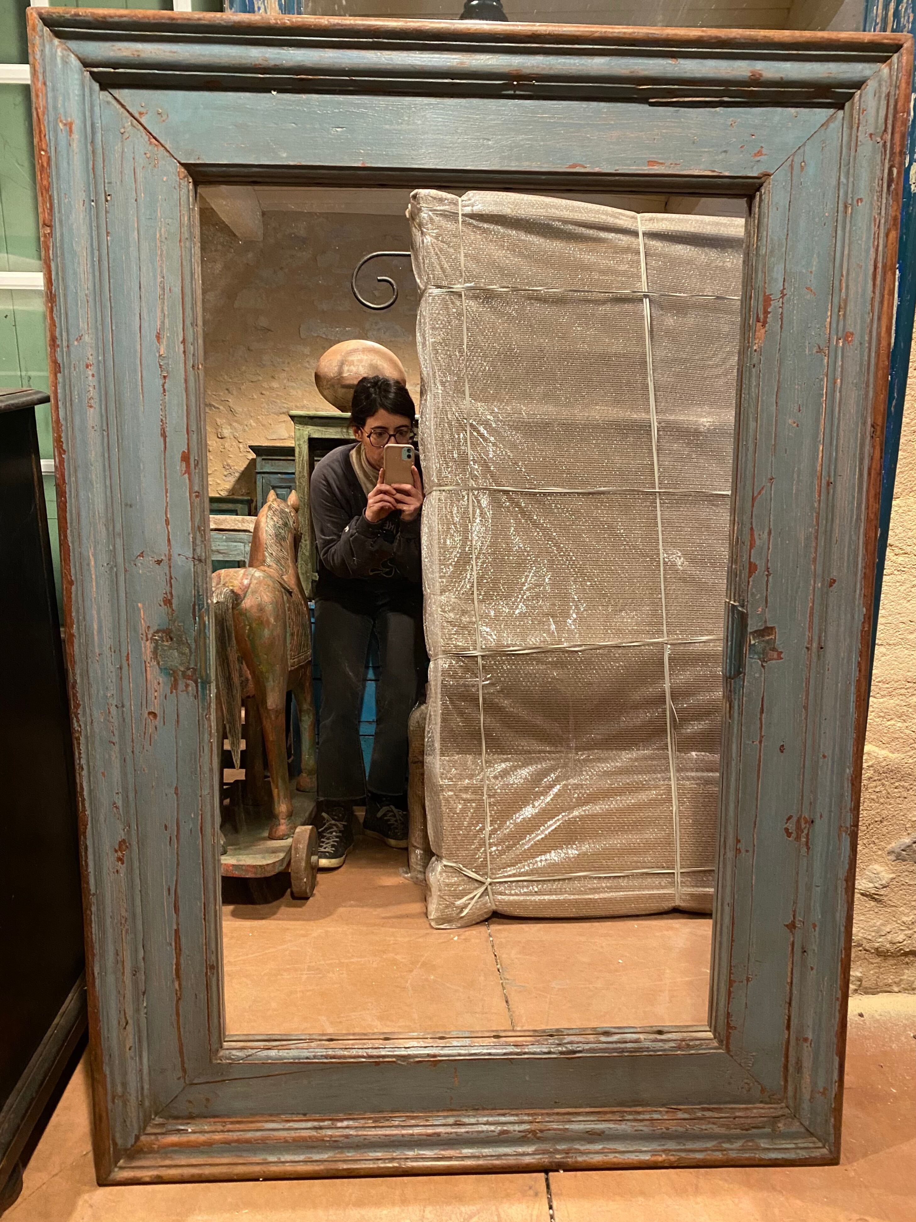 Mirror in blue lacquered wood, 148x102 cm