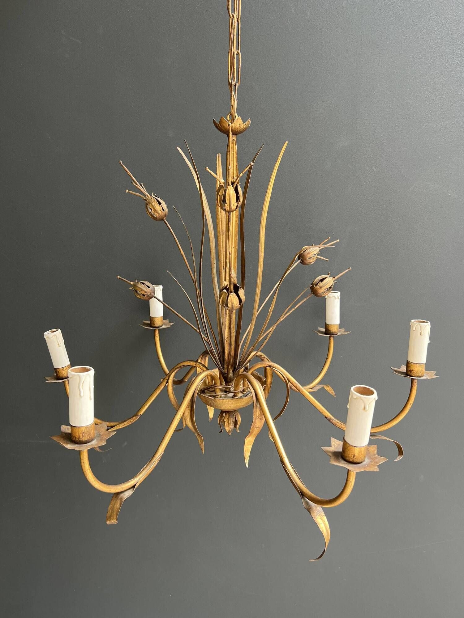 Golden Metal Chandelier with Reed Bouquet Decoration. Coco Chanel Style. Work