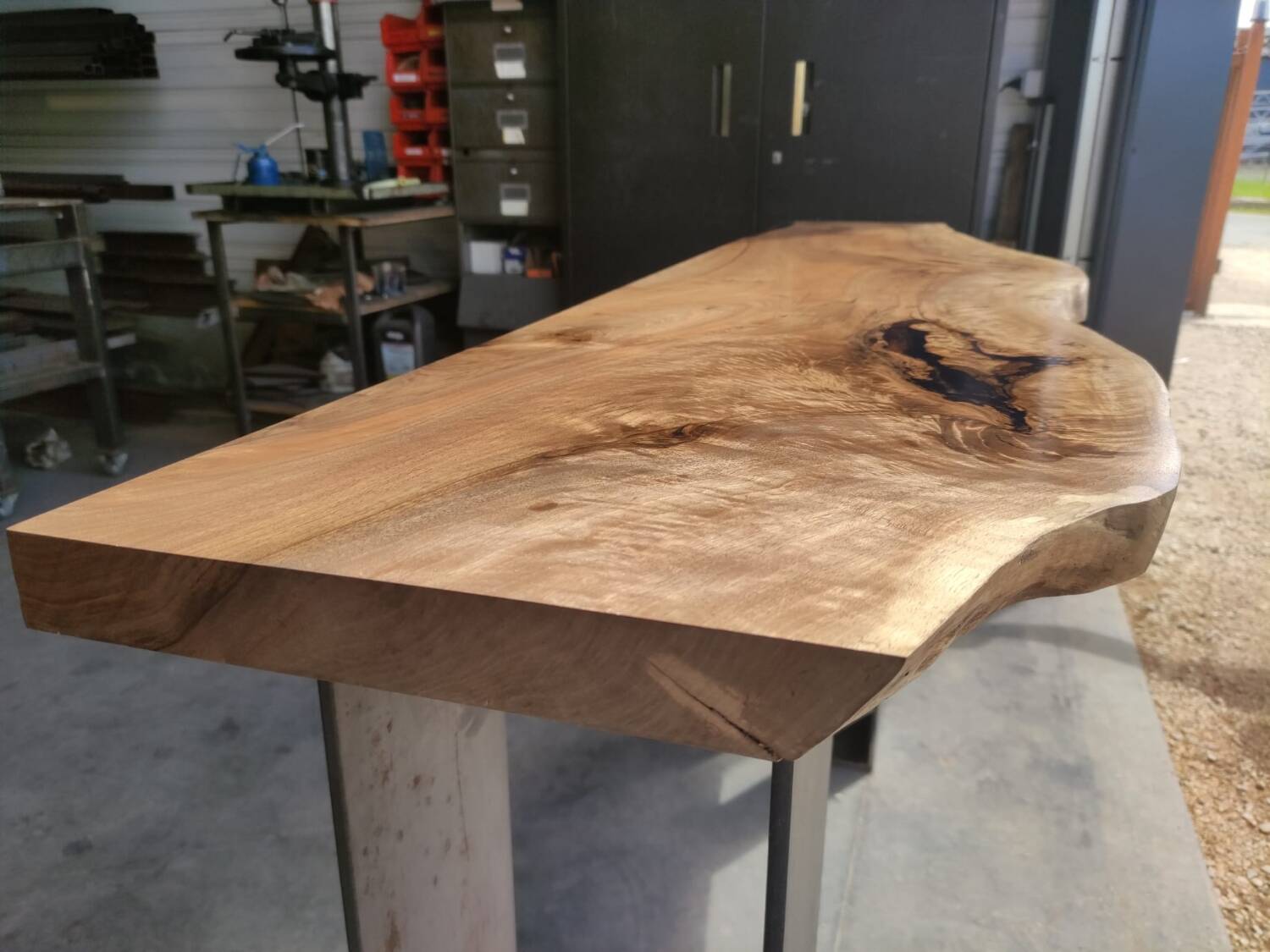 Walnut console with steel legs