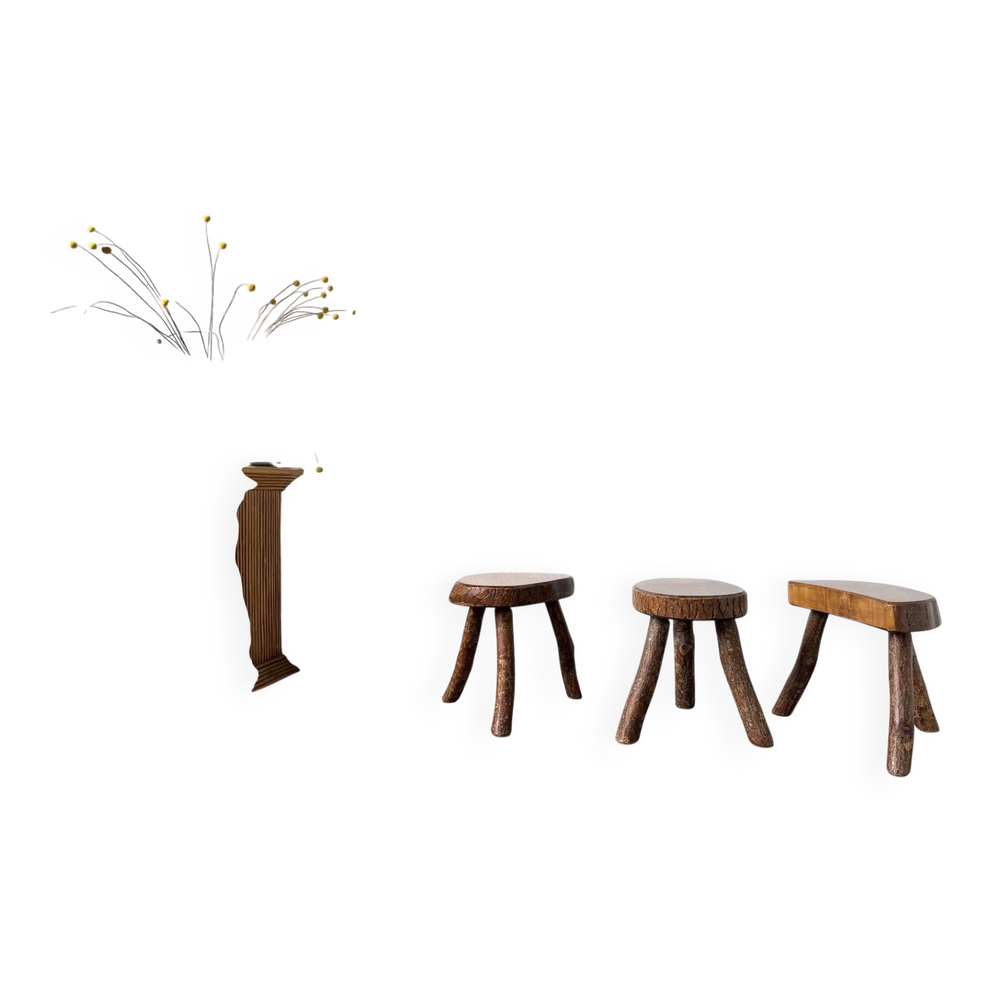 Set of three rustic solid wood tripod stools.