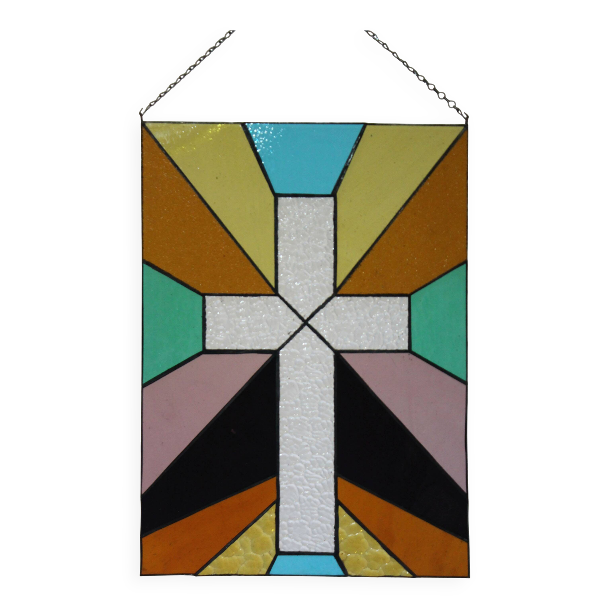 Vitrail décoratif Croix géométrique – Verre coloré artisanal 40 × 57 cm