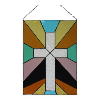 Vitrail décoratif Croix géométrique – Verre coloré artisanal 40 × 57 cm
