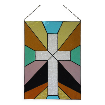 Vitrail décoratif Croix géométrique – Verre coloré artisanal 40 × 57 cm