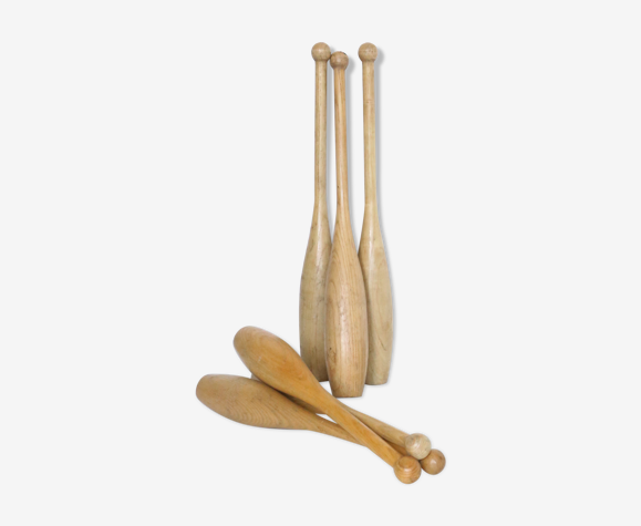 Ensemble de 3 quilles de jonglage vintage,, bois de hêtre, vintage