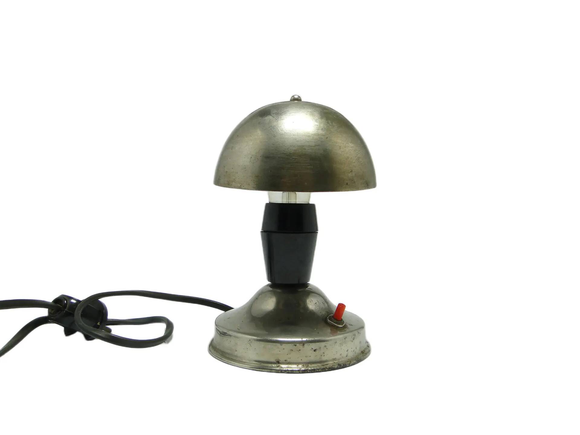 Mushroom table lamp, silver metal, black bakelite, Poland, 1950s