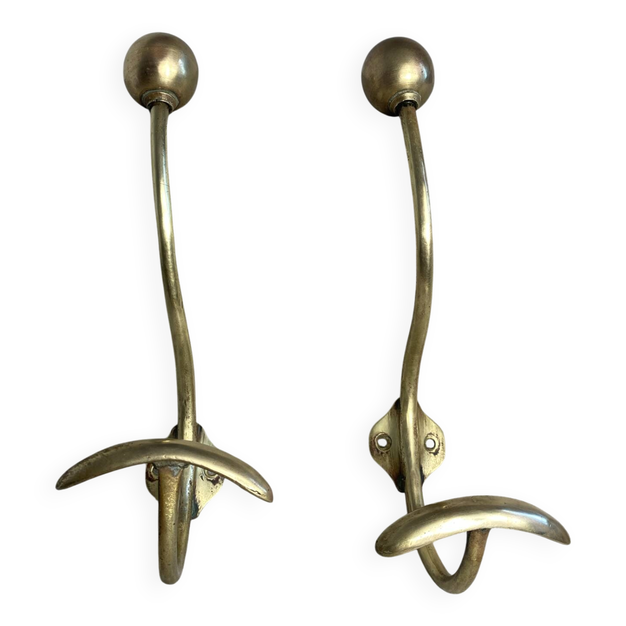 Pair of ball and hook coat hooks in brass