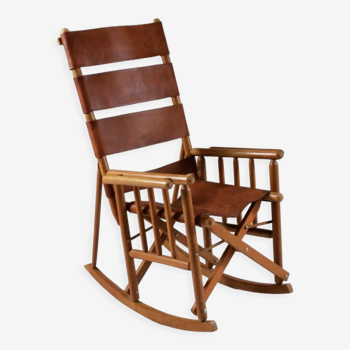American rocking chair in wood and leather, 1960s