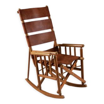 Rocking chair américain en bois et cuir, 1960s