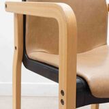 Kembo armchair in brown leatherette and beech