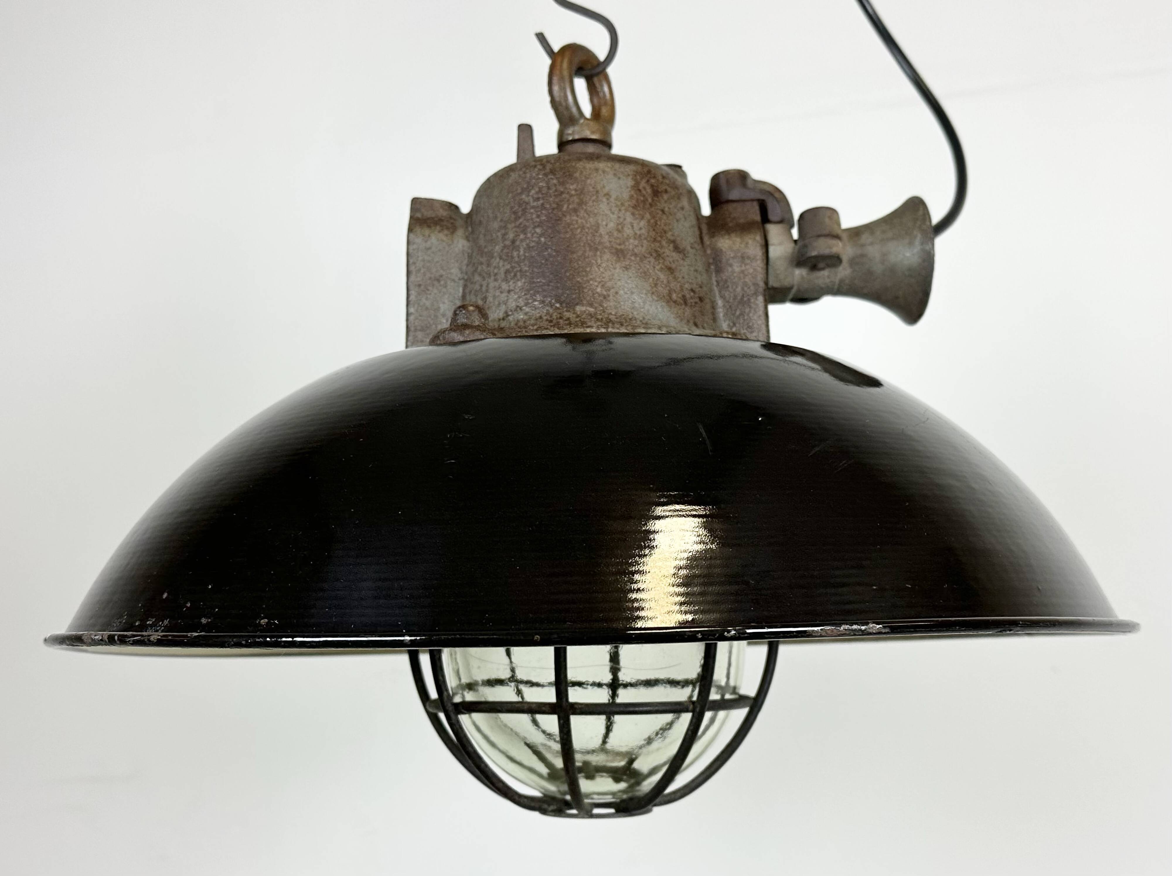 Black enamel and cast iron industrial cage pendant light, 1950s