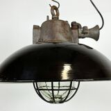 Black enamel and cast iron industrial cage pendant light, 1950s