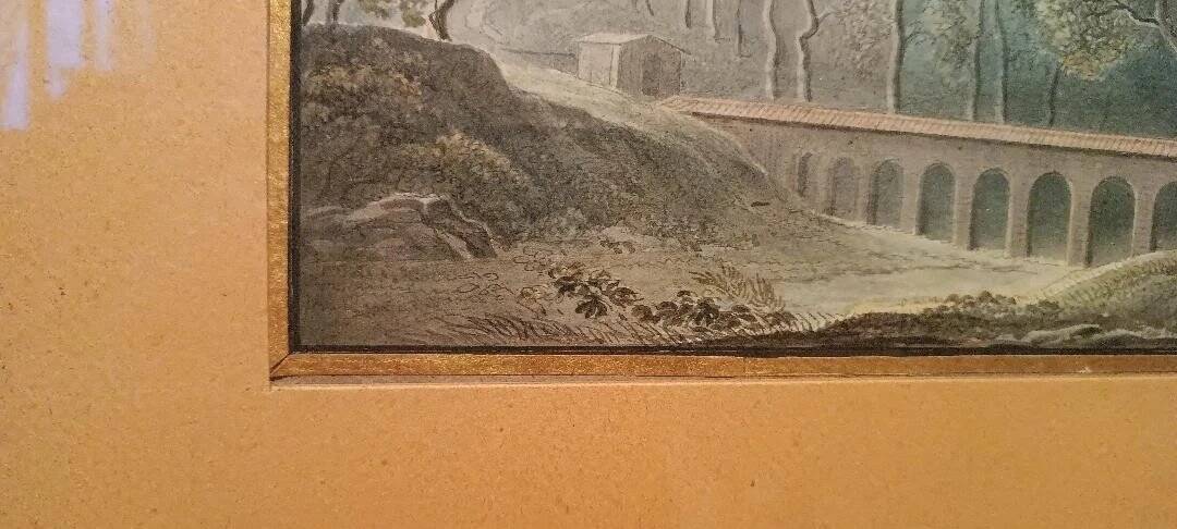 Old watercolour on paper from the early 19th century – landscape with aqueduct and bridge.