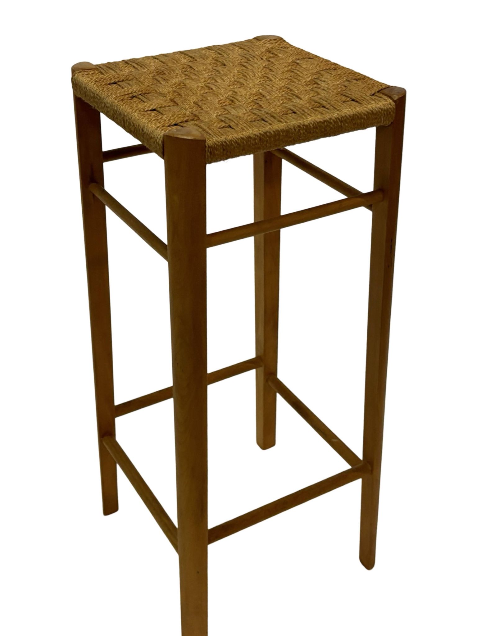 Tabouret vintage années 60 en chêne avec assise tressée
