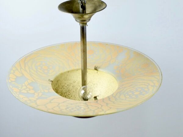 Art deco Loys Lucha hanging lamp, chrome and glass years 1935