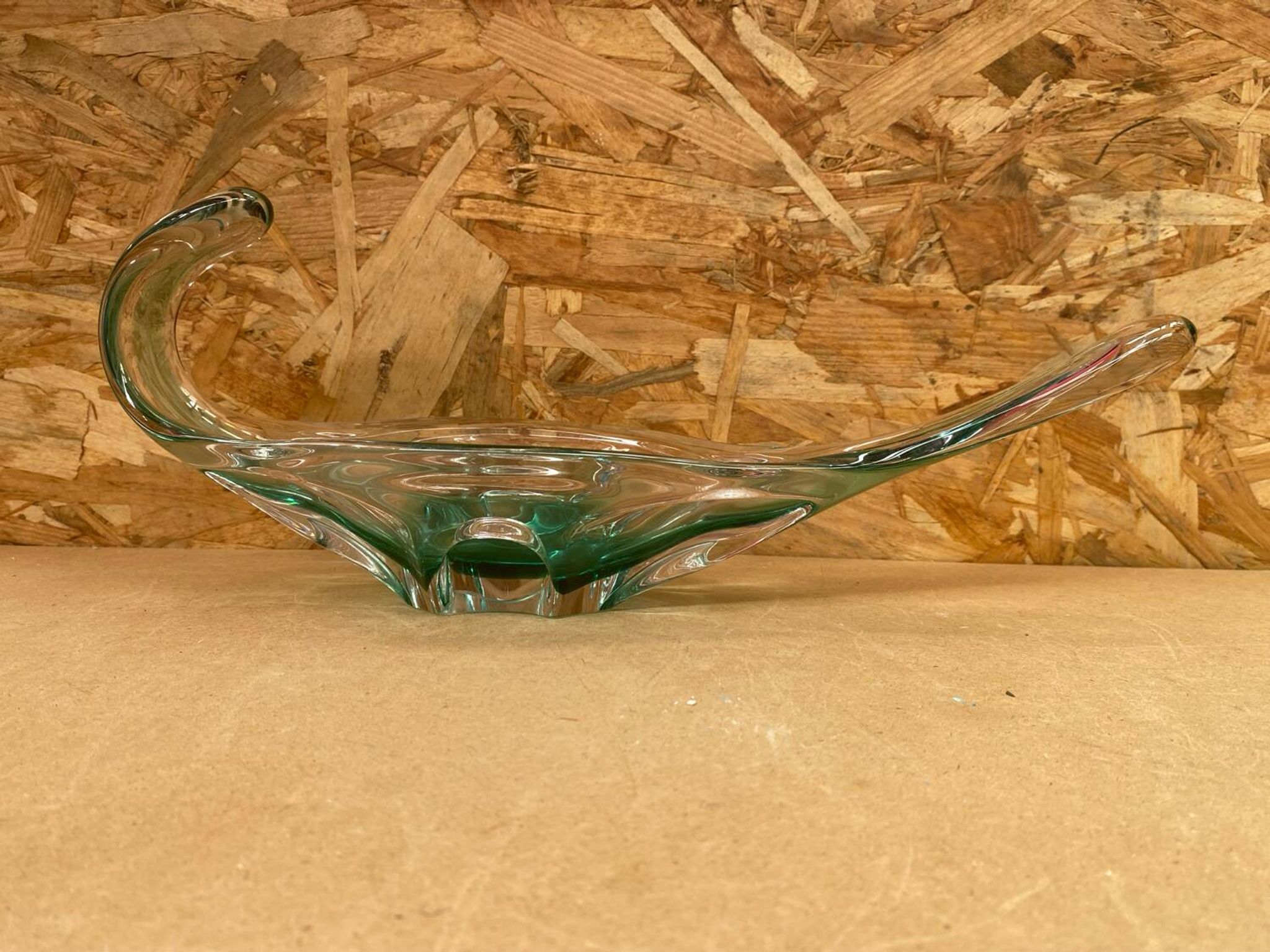 Ancien Vide Poche Coupe Cristal Vert & Transparent Vintage #B087