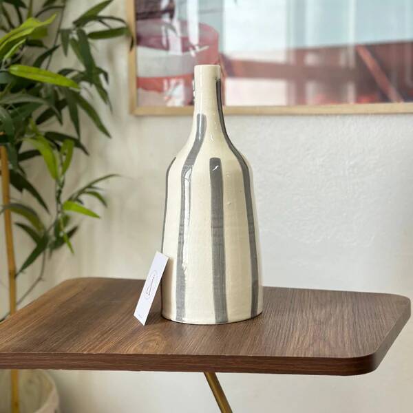 Striped grey bottle artisan vase