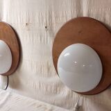 Designer wall lights in wood and opaline globe - mid-20th century