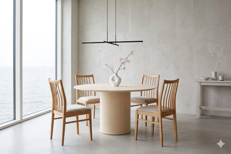 Vintage Dining Chairs Set of 4, Natural beech wood, Herringbone fabric